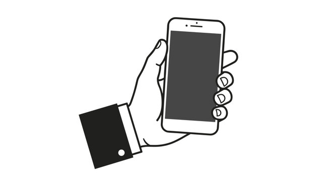 Simple line drawing of a hand in a formal suit sleeve holding a smartphone isolated on a white background.