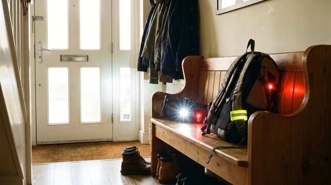 Dark Evening Commute: Bicycle Lights Switched On Beside Boots in a Hallway