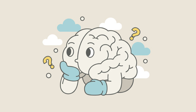 Confused cartoon brain character with boxing gloves looking pensive and thoughtful among question marks.