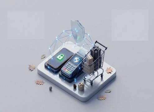 Digital Commerce Ecosystem Conceptual illustration of secure online shopping, mobile payment systems, and data protection for modern financial technology and retail