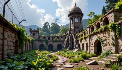 Obraz premium The image depicts an elaborate, fairy tale like scene featuring a central structure resembling a tower with an ornate dome at the top