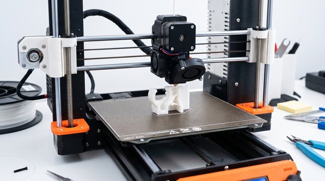 Desktop 3D Printer Mid-Print on a Workbench Showing Home Spare Part Manufacturing
