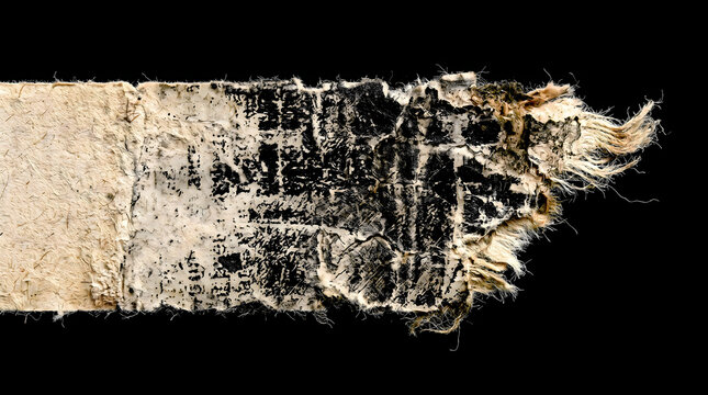 A frayed strip of aged fabric displays a textured deteriorating surface against a dark backdrop ancient artifact cloth decay
