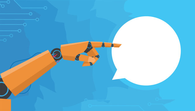 Mechanical orange robot arm pointing finger towards clean white speech bubble over blue circuit background.