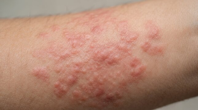 Red skin rash with hives on human arm, allergic reaction on skin surface, close up of dermatitis and itchy inflammation