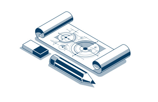 Engineering project concept, paper document blueprint engineer work vector 3D isometric illustration, abstract draft drawing, cad technical plan.