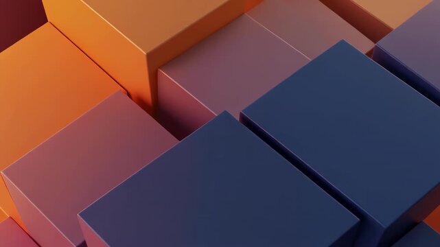 Abstract geometric cubes shifting with warm light and shadow during a smooth camera pan