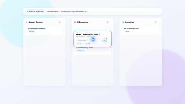 Abstract AI Software Development Dashboard Interface Showing Neural Code Refactor and CI/CD Progress