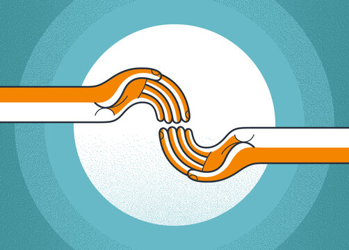 Abstract illustration of two hands reaching toward each other, symbolizing support, empathy and trust, care and human connection. Concept of assistance, emotional support, positive relationships.