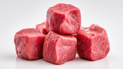Fototapeta premium Fresh Raw Cubes of Red Meat on White Background for Cooking Use