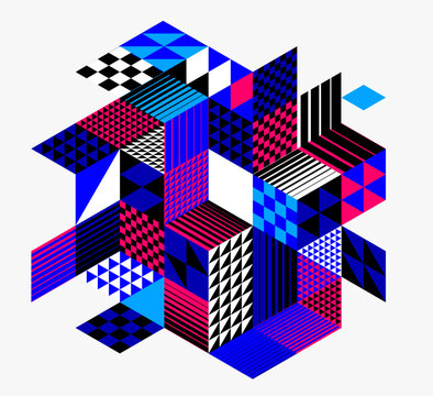 3D isometric cubic design vector geometric abstract background, modern city abstraction theme, construction buildings and blocks look like shapes, polygonal style.