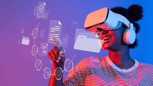 A young woman joyfully interacts with virtual reality technology, wearing a VR headset and headphones, surrounded by digital file illustrations on a vibrant background. Raster