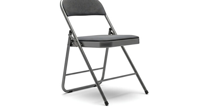 A single gray metal folding chair with a padded seat on a white background