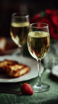 Valentine's Day, a holiday for lovers, a romantic date, a red heart, February 14 Romantic dinner for two with wine, glasses of wine. High quality