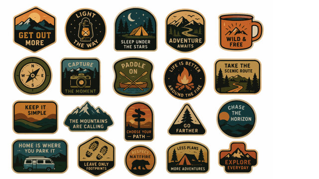 Collection of outdoor adventure patch designs in a vintage illustrative style.