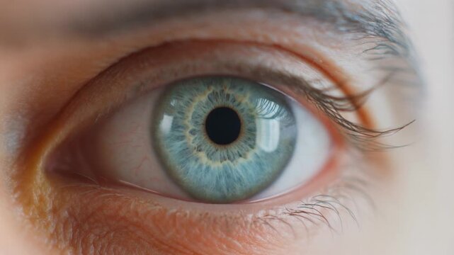 Extreme macro footage of a single beautiful human eye, refreshing sea-green iris for National Hispanic Heritage Month and World Sight Day