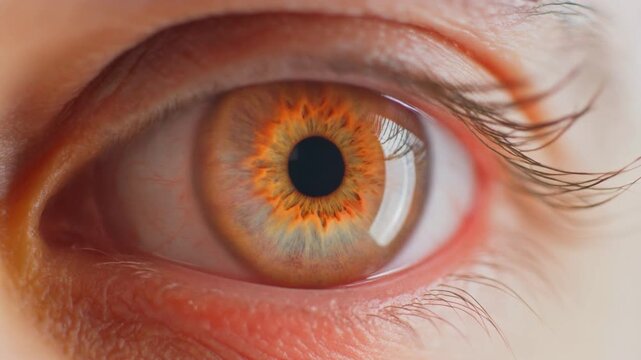 Extreme macro footage of a single beautiful human eye, warm sunset-orange iris for National Hispanic Heritage Month and World Sight Day