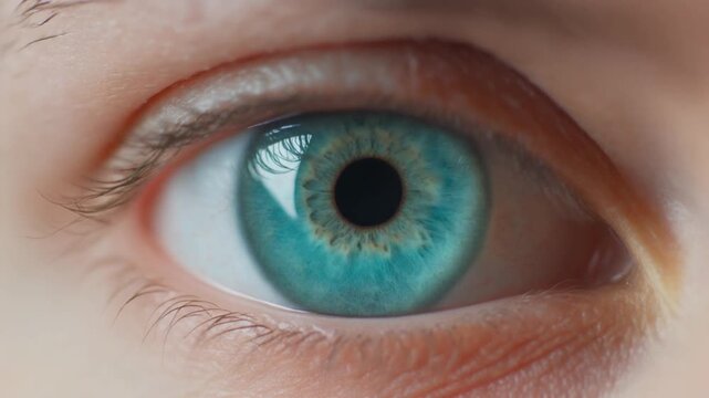 Extreme macro footage of a single beautiful human eye, luminous turquoise iris for National Hispanic Heritage Month and World Sight Day