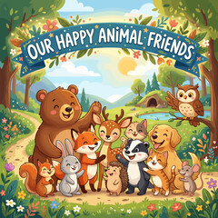 Fototapeta premium Cute woodland animals friends hugging forest nature scene illustration