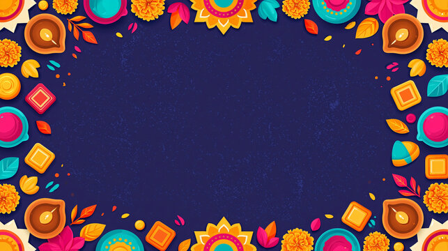 Top-down flat vector Diwali arrangement with clay diya lamps, marigold flowers, rangoli powder bowls, Indian sweets and decorative leaves framing a large central copy space.