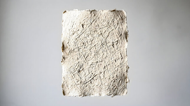 A textured sheet of handmade paper presents a rough fibrous surface against a neutral gray backdrop material cellulose craft