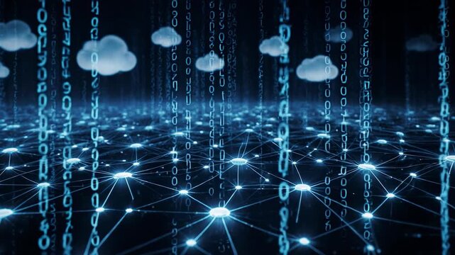 Digital network grid with glowing nodes and data streams under abstract clouds during night