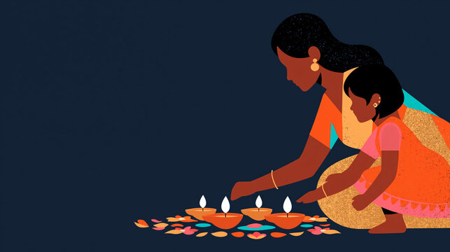 Clean vector illustration of a parent and child lighting traditional diya lamps together during Diwali, showing family celebration and cultural tradition.