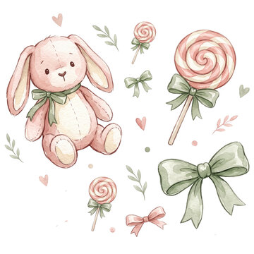 Cute Watercolor Pink Bunny Plush, Sweet Lollipops, and Green Bows Seamless Pattern on Black Background