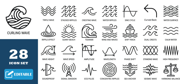 Curling wave icon set with black line art for nature, water, and sound themes in graphic design.