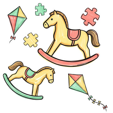 Cute Children Toys Pattern with Rocking Horse, Kite, and Jigsaw Puzzle on Black Background