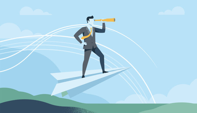 Visionary businessman standing on a flying paper airplane while searching for new opportunities through a telescope.