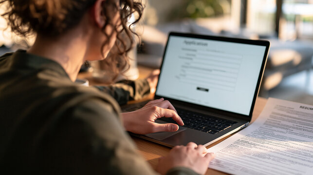 Woman completing an online job application on a laptop with printed documents beside her, illustrating job search, recruitment and career application process.