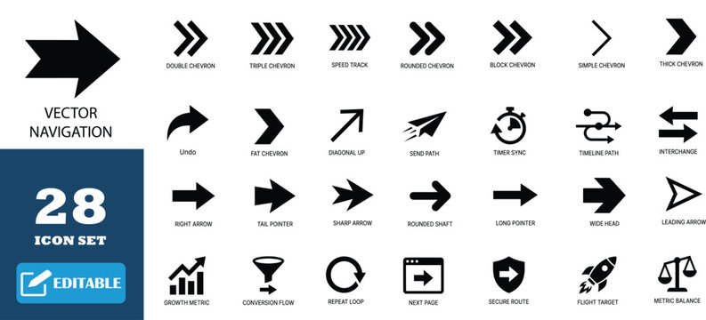 Vector navigation icon set with black arrows for direction, movement, and business growth in design.