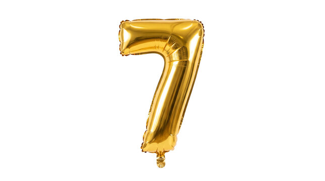 Gold foil number 7 balloon for birthday anniversary celebration party decoration with copy space transparent PNG isolated cutout for advertising ma...