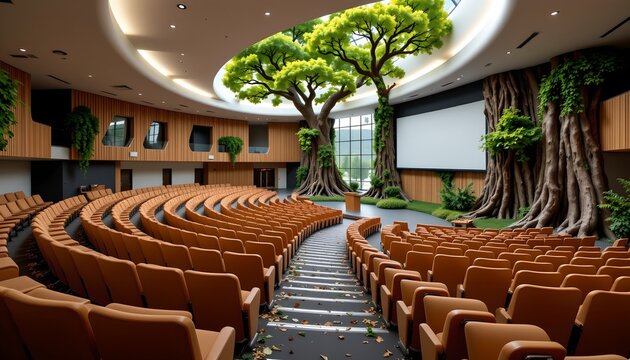 The image shows a large, modern auditorium designed to resemble an indoor forest