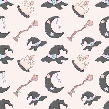 A cute and whimsical Halloween pattern featuring witch hats, candles, and crescent moons. This design evokes a magical and playful atmosphere