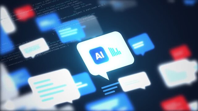 Chatbot conversation concept with a glowing white bot message bubble and typing dots, floating among blurred blue chat bubbles and code, with shallow depth of field