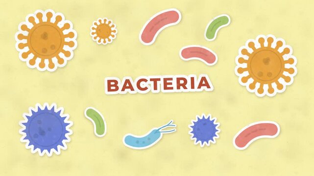 Bacteria, virus, and germ cells microbiology illustration with rod shaped and round microbes, on a textured yellow paper background, for education and health topics