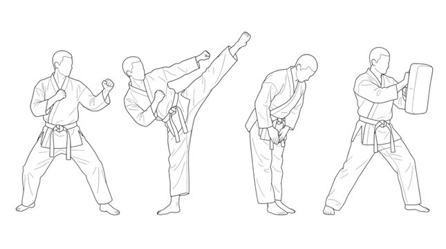 Martial arts karate fighter posing CAD outline vector illustration