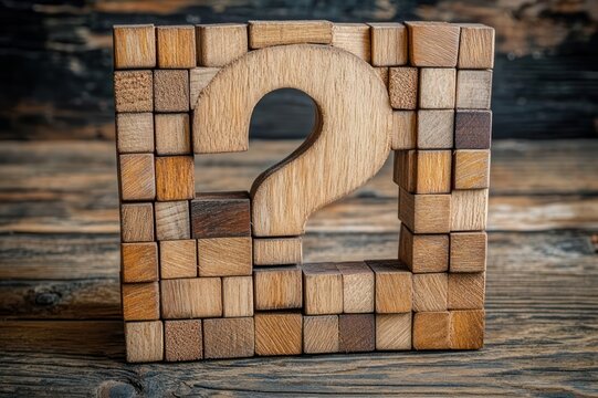 wooden mosaic frame of small cubes with a question mark cutout on a rustic tabletop evoking curiosity and mystery