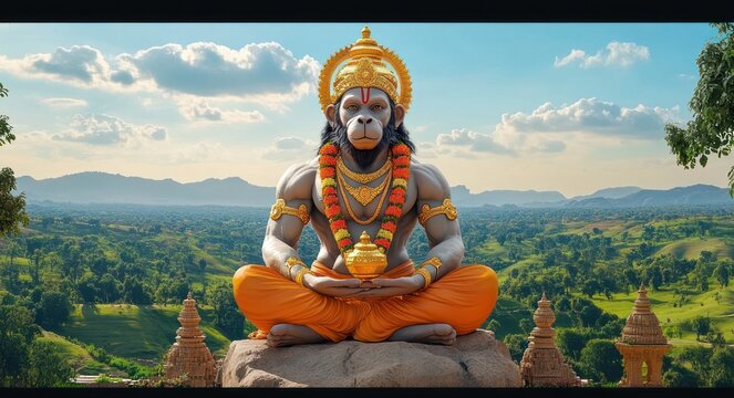majestic seated golden deity statue with garlands and ornate crown holding a bowl, draped in orange cloth, on a rock pedestal overlooking a sunlit green valley and temple spires, serene and reverent