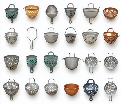 neatly arranged grid of assorted perforated metal colanders, strainers and a few bowls on white background, evoking an orderly calm nostalgic kitchen display