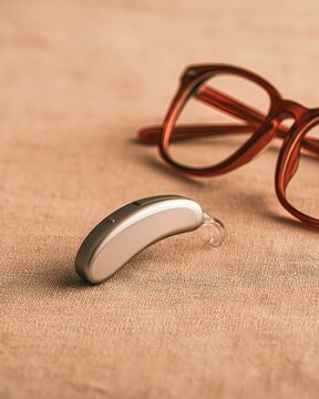 Hearing aid and glasses on a fabric background