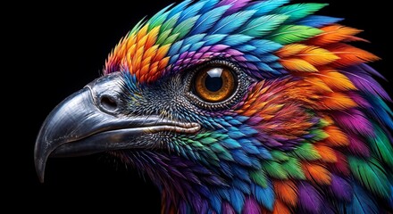 Fototapeta premium Close up portrait of a majestic eagle with vibrant rainbow colored feathers on black