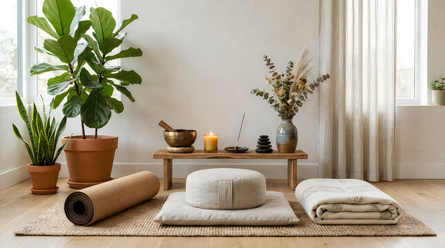Minimalist meditation and yoga corner with zafu cushion rolled mat singing bowl candles and potted green plants burning candles green foliage