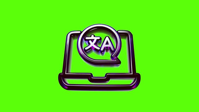 Shiny metal online language translation icon with laptop and speech bubble on a bright green background