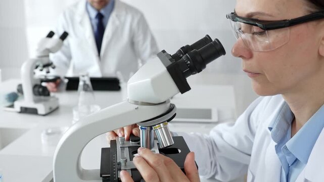 Female scientist examining specimen under microscope, conducting research in sterile laboratory with colleague working near test tube rack. Medicine, healthcare and science concept