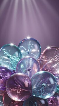 Abstract 3d Animation of Glowing Glass Spheres With Internal Filaments in Soft Purple Light