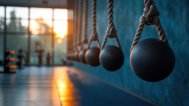 Row of black medicine balls suspended by thick ropes in a gym bathed in warm sunrise light with blurred weight rack and silhouettes by large windows, calm focused training atmosphere