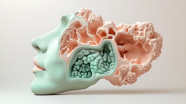 Conceptual profile head sculpture with intricate brain and neural network design